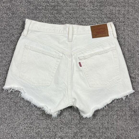Levis Premium 501 Shorts Womens 27 White Button Fly Distressed Denim Cutoff - Picture 2 of 13